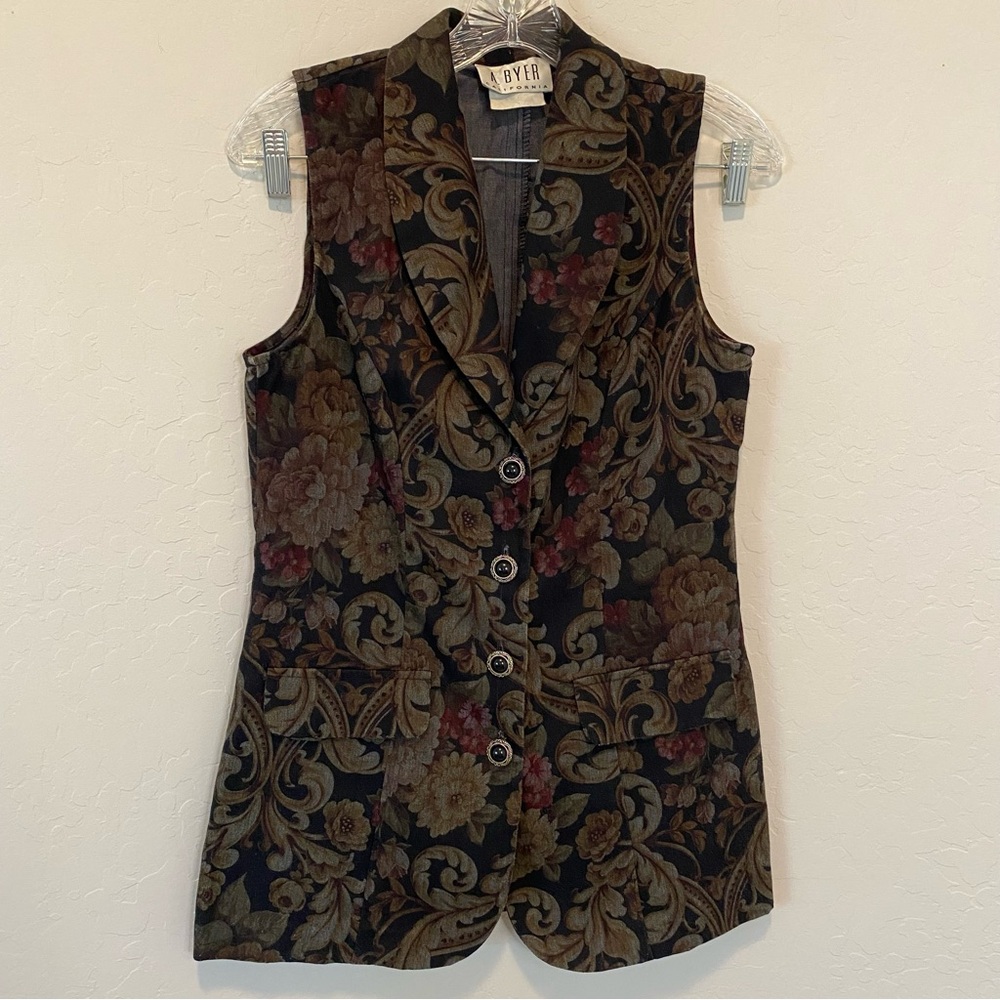 A. Byer Black and Brown Floral Buttoned Vest